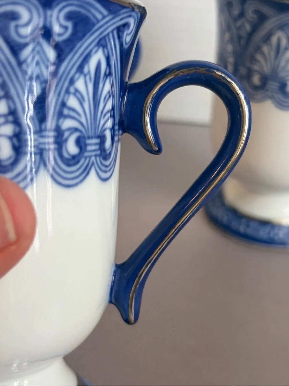 Bombay Porcelain Pedestal Mugs — Classic Decorative Band (Set of 3)
